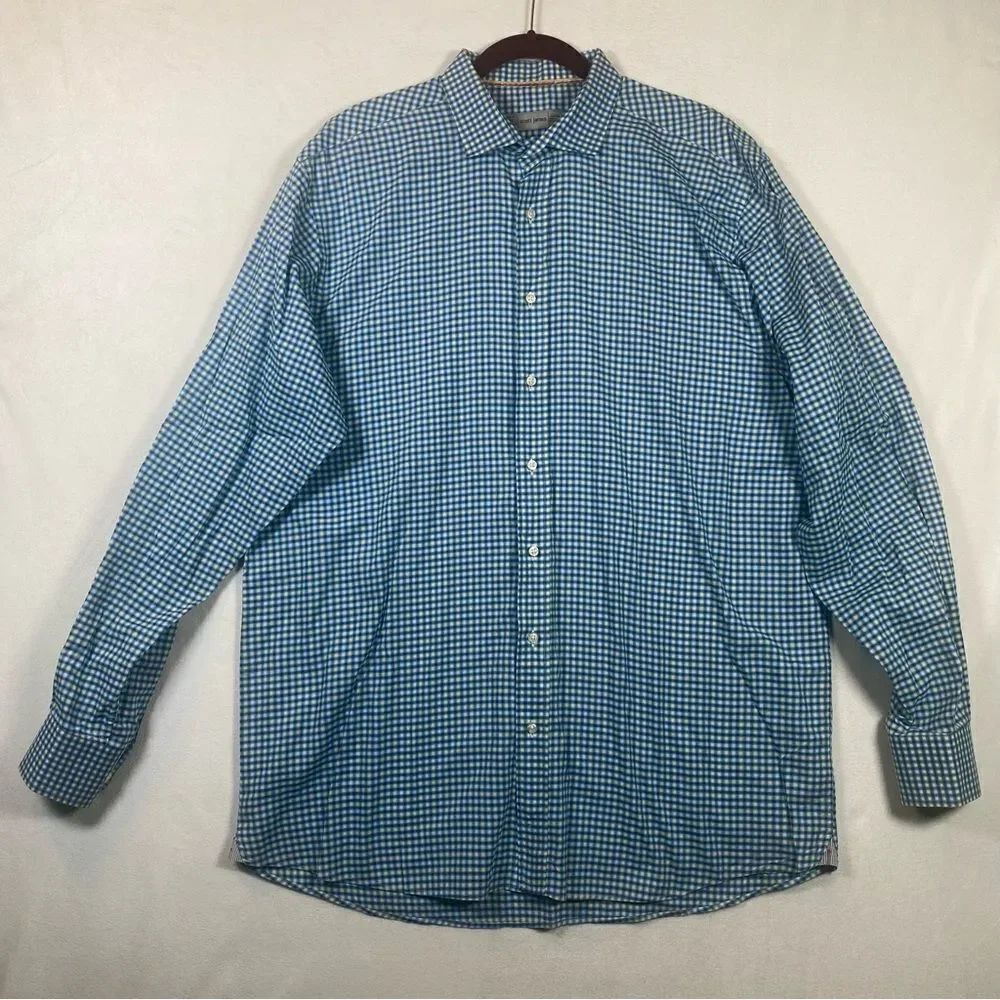 Scott James Long Sleeve Button Down Blue Green White Plaid Shirt Size XL